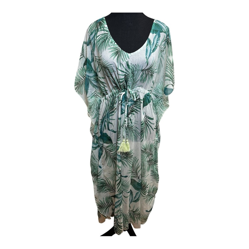 Kona Sol Tropical Palm Leaf Midi Dress Cover Up M Green Resort Vacation Tassel